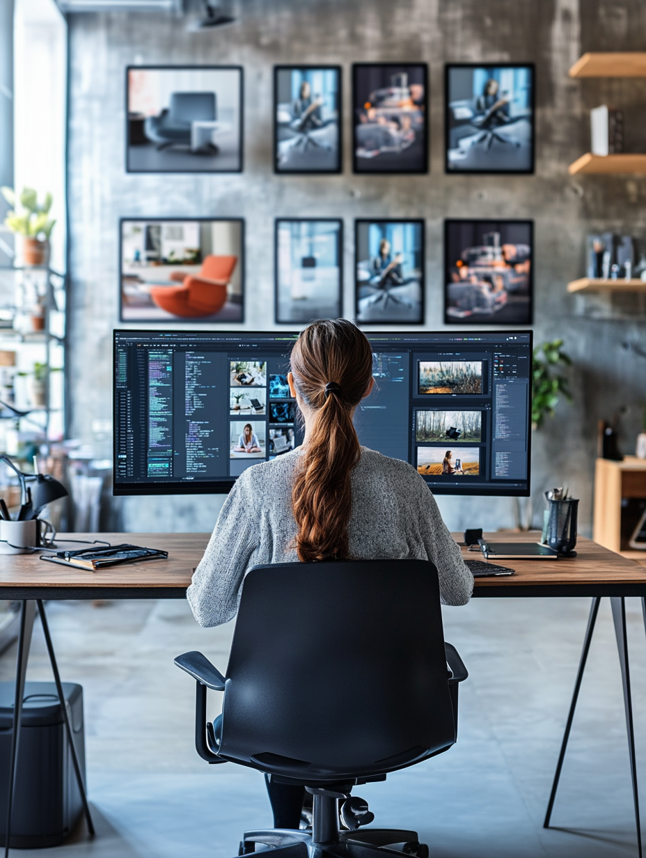 BIlder_KI_Unternehmen_1 Eine Frau sitzt in einem modernen Büro an einem Schreibtisch und betrachtet KI-generierte Bildkompositionen auf zwei großen Monitoren. An der Wand hängen Beispielbilder. Die Szene zeigt den kreativen Prozess der Bildgenerierung mit Künstlicher Intelligenz und den professionellen Einsatz von KI in der visuellen Gestaltung.