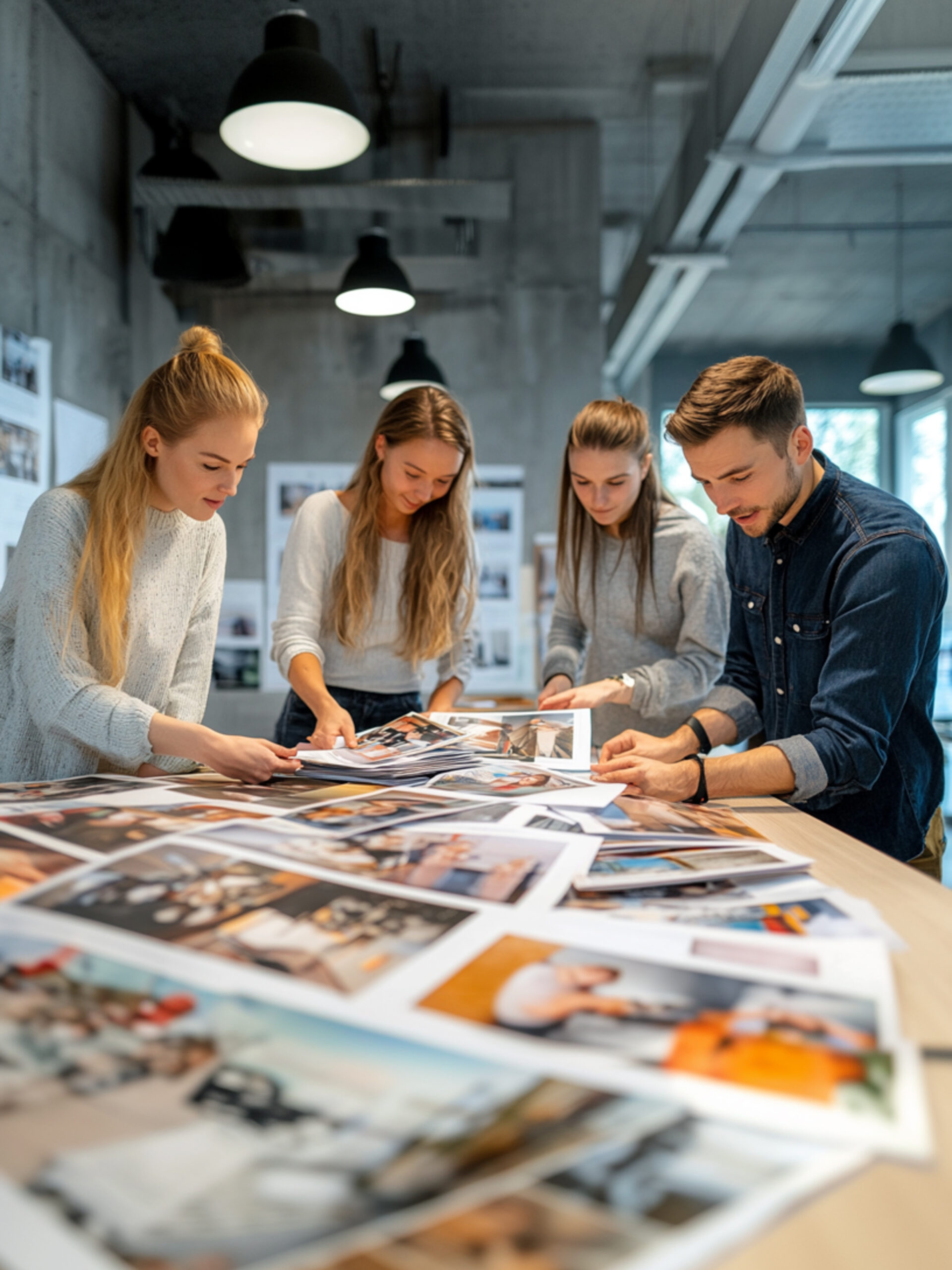 Vier junge Erwachsene betrachten gemeinsam ausgedruckte Fotografien auf einem großen Tisch in einem modernen, hellen Arbeitsraum. Die Szene vermittelt kreative Zusammenarbeit und den bewussten Umgang mit Bildern – im Fokus steht die Entwicklung einer authentischen Bildsprache.