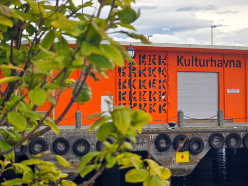 Grüner Zweig im Vordergrund scharf abgebildet, orangefarbenes Gebäude mit der Aufschrift „Kulturhavna“ unscharf im Hintergrund – Beispiel für gezielte Schärfentiefe mit dem Smartphone.<br />
