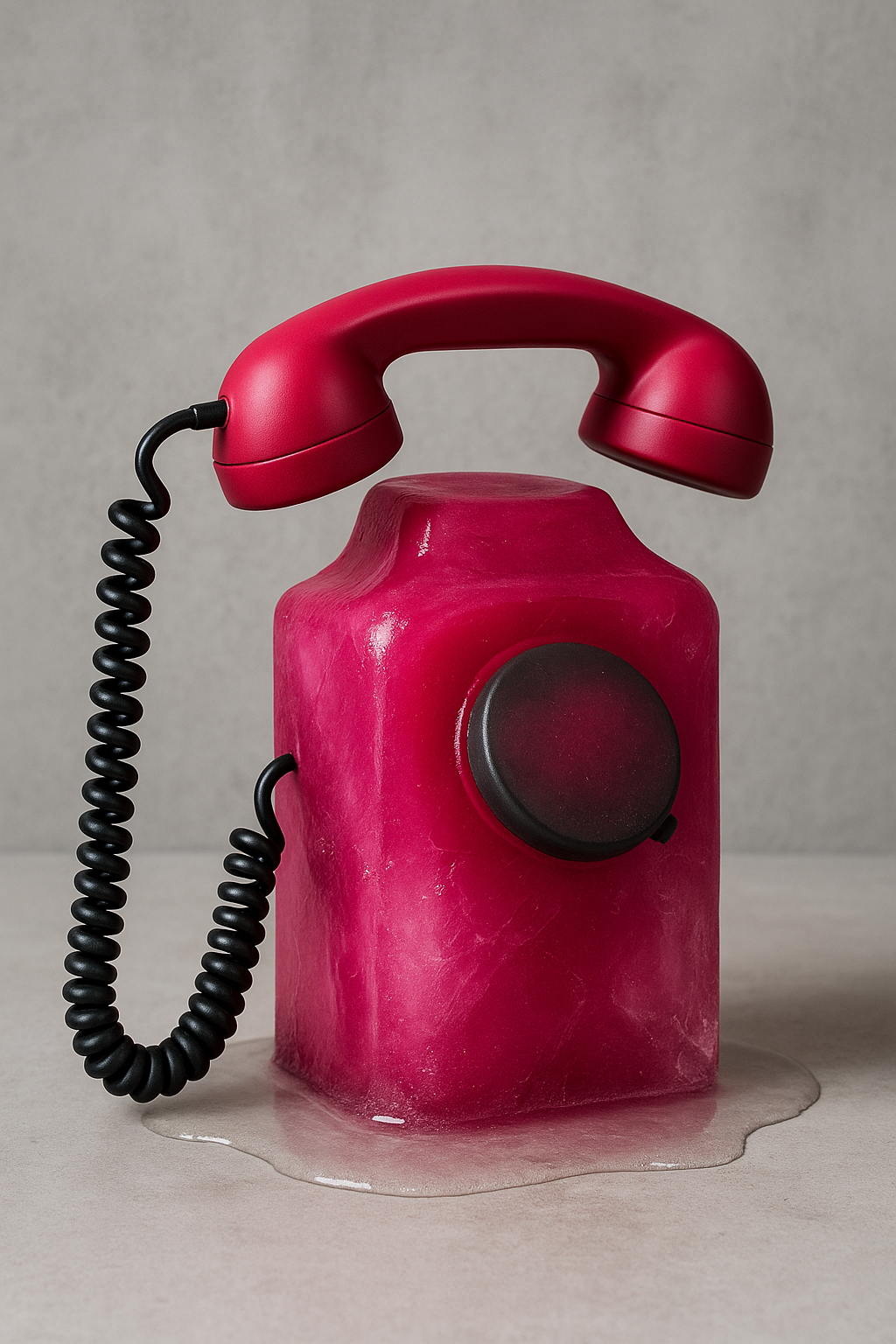 Magentafarbenes Retro-Telefon auf einem schmelzenden Eisblock vor grauem Betonhintergrund – Symbolbild für moderne, kreative Kontaktaufnahme.