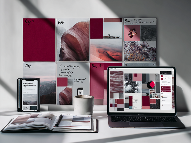 Arbeitsplatz mit Moodboard an der Wand, Laptop, Tablet, Notizbuch und Kaffeebecher – alles im Licht eines klaren Tages. Die Bildmotive zeigen Naturaufnahmen, Farbfelder und inspirierende Texte. Auf dem Laptop sind KI-generierte Collagen zu sehen. Die Szene vermittelt kreatives Arbeiten an einer individuellen Bildsprache mit Fokus auf visuelle Ästhetik und Gestaltung.