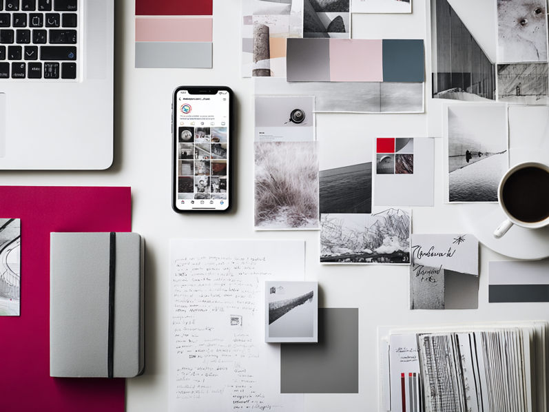 Kreative Arbeitsfläche mit vielen visuellen Elementen: Ein aufgeklappter Laptop, ein Smartphone mit geöffneter Design-App, Farbkarten, Fotocollagen, ein Notizbuch, ein Kaffee und Inspirationsmaterialien liegen auf einem weißen Tisch. Die Bildwelt ist modern, geordnet und spiegelt den kreativen Prozess professioneller Bildgestaltung mit KI wider.