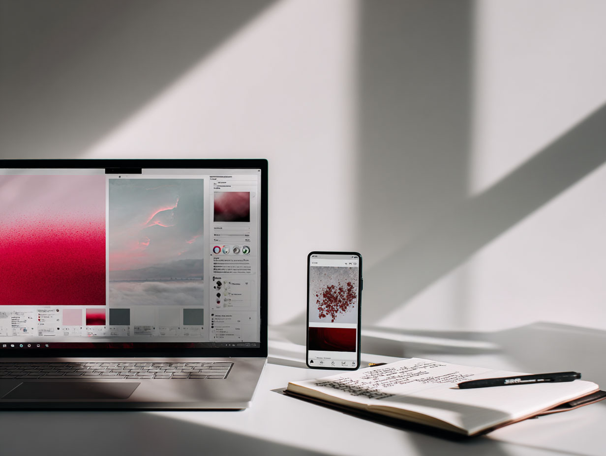 Auf einem hellen Schreibtisch liegen ein aufgeklappter Laptop, ein Smartphone, ein Notizbuch mit Farbmuster, ein Kaffeebecher und ein Stift. Auf den Bildschirmen sind pinkfarbene KI-generierte Bilder und eine Benutzeroberfläche zur Bildbearbeitung zu sehen – visuelle Gestaltung im kreativen Workflow. Die Szene ist klar, modern und von Sonnenlicht durchzogen.