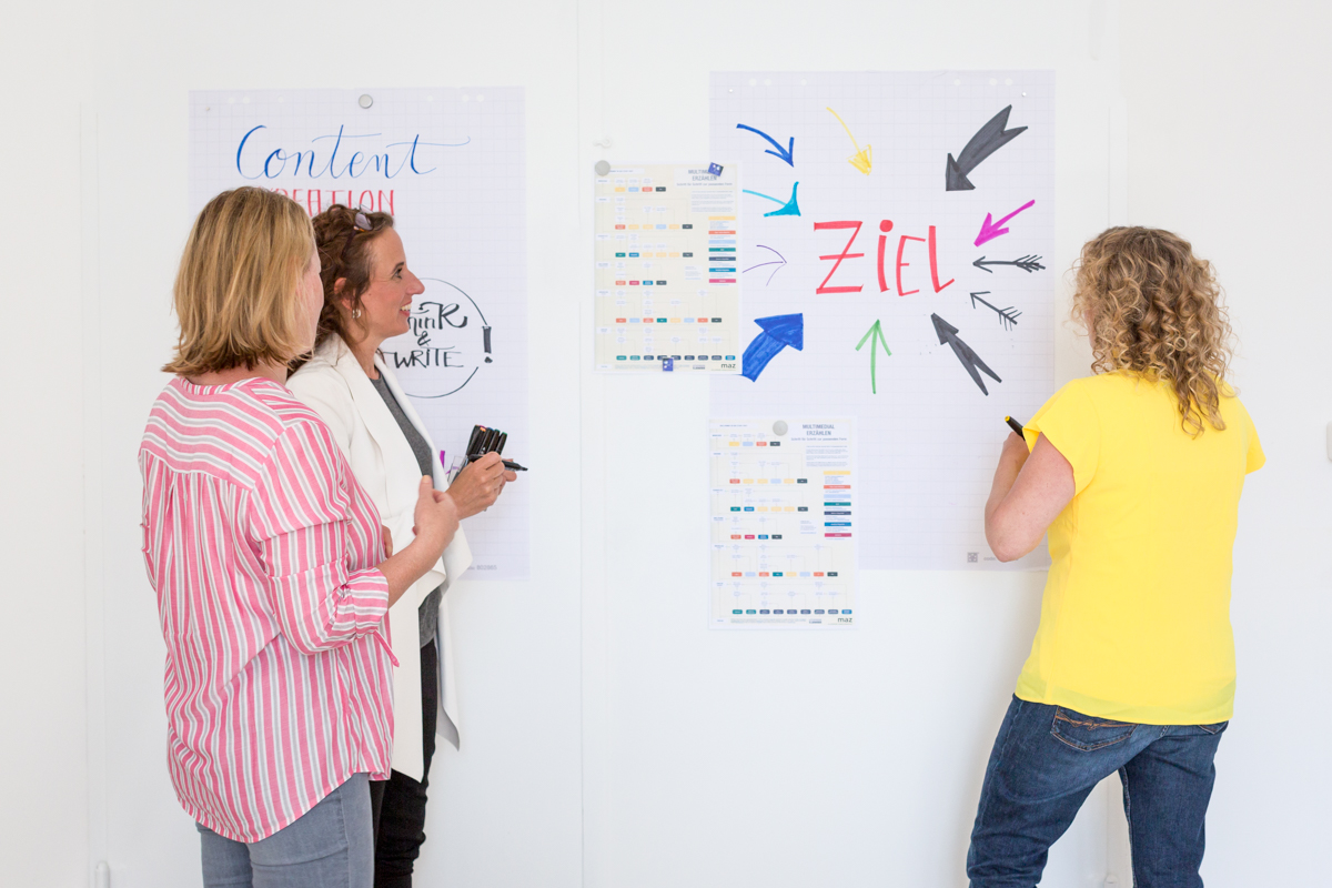 Drei Frauen arbeiten gemeinsam an Flipcharts in einem Workshop-Raum. Eine Teilnehmerin schreibt das Wort „ZIEL“ in großen roten Buchstaben auf ein Plakat, das von bunten Pfeilen umgeben ist. Die anderen beiden stehen daneben und tauschen sich vor einem zweiten Flipchart mit der Aufschrift „Content Creation – Think & Write!“ aus. Die Szene zeigt kreative Zusammenarbeit und strategische Planung in einem Kommunikations-Workshop.