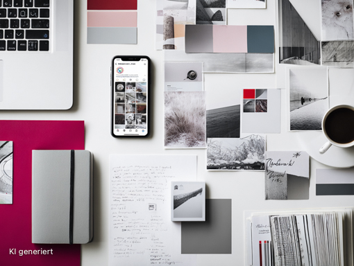 Arbeitsplatz mit Moodboard, Smartphone, Notizbuch, Farbkarten, Bildausdrucken und Kaffeetasse als Symbol für kreative Bildentwicklung.