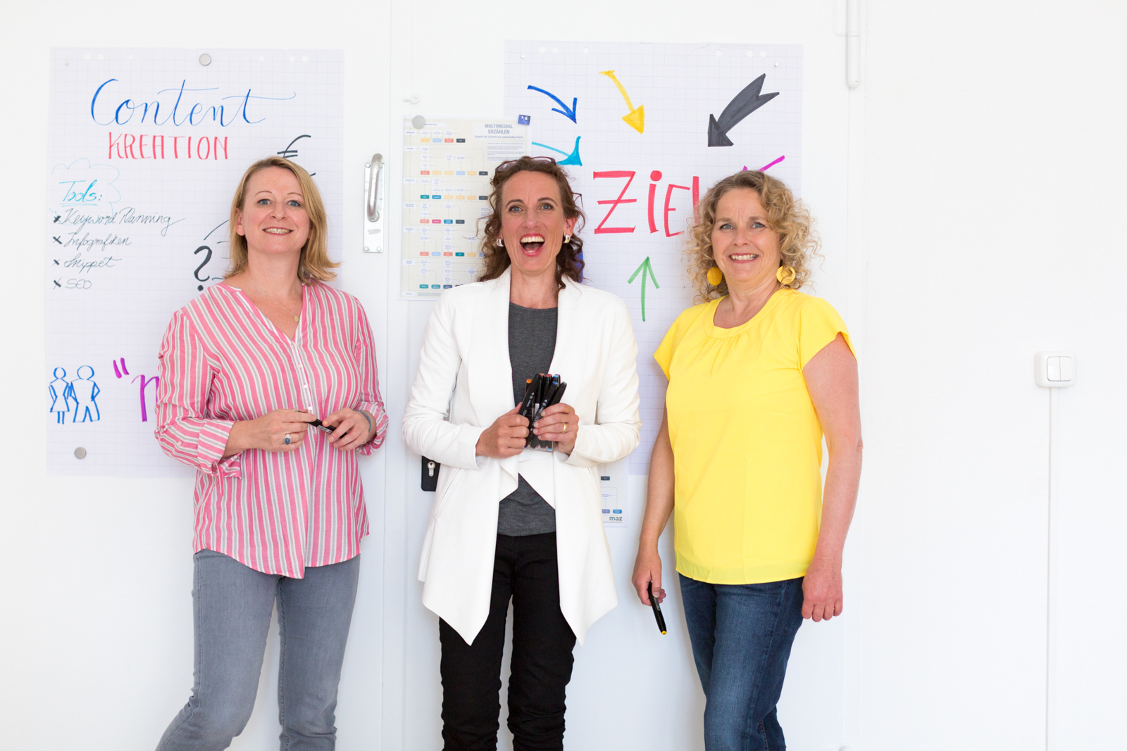 Drei Frauen bei einem Workshop zur Content-Kreation vor Ideenplakaten.