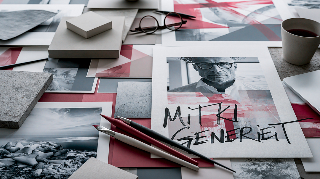 Auf einem Kreativtisch liegen ausgedruckte Fotos, Skizzen, Brille, Stifte und Kaffeebecher. Im Mittelpunkt befindet sich ein Blatt mit einem Porträt und der handschriftlichen Aufschrift „Mit KI generiert“, die die Kennzeichnung eines KI-erstellten Bildes symbolisiert.